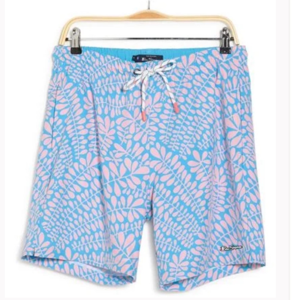 Ben Sherman Men's Blue Frond Print Swim Trunks Stretch Drawstring Waist XL